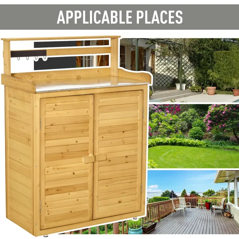 Outsunny Backyard Garden Tool Storage Shed, Outdoor Storage & Potting Bench with 2 Magnetic Close Doors & Large Interior Storage Space