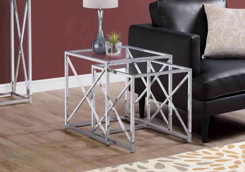 Monarch 2 Piece Contemporary Tempered Glass Nesting Accent Side End Table Set with X-Design Metal Base - Chrome
