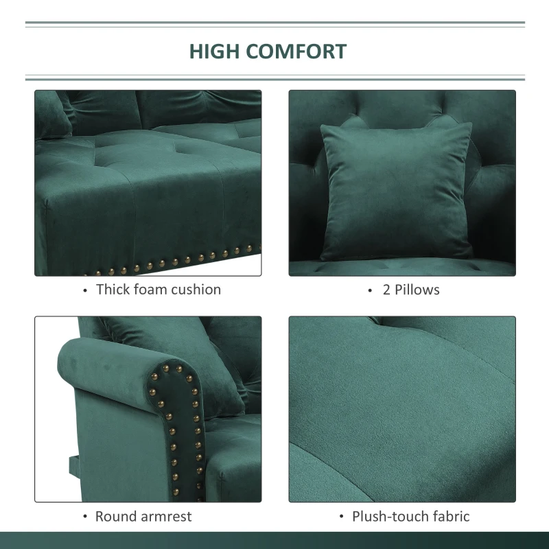 HOMCOM Modern Fabric Sectional Sofa Bed Set, Double Sofa and Chaise Lounge with Adjustable Backrest and 2 Removable Cushions, for Living Room Waiting Room, Dark Green