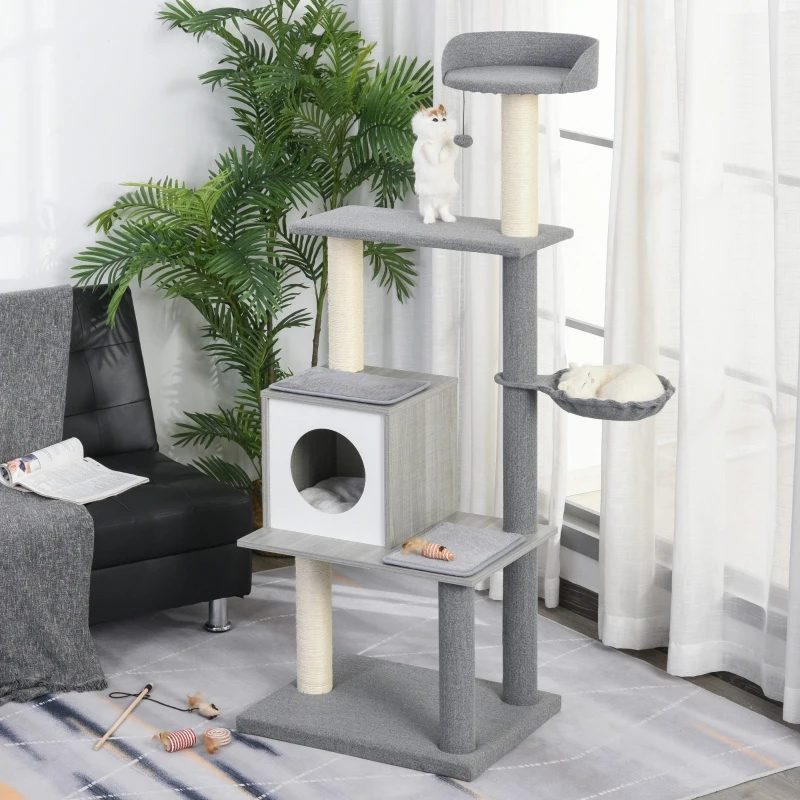 PawHut Multi-Level Cat Tree Condo with Sisal-Covered Scratching Posts, Sleeping House, and Fun Laying Basket for Kittens