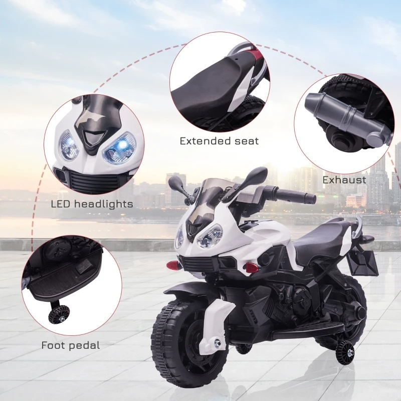 Aosom 6V Kids Motorcycle Dirt Bike Electric Battery-Powered Ride-On Toy Off-road Street Bike for Children with Rechargeable Battery, Pedal, Horn, Headlights, and Training Wheels for Balance White
