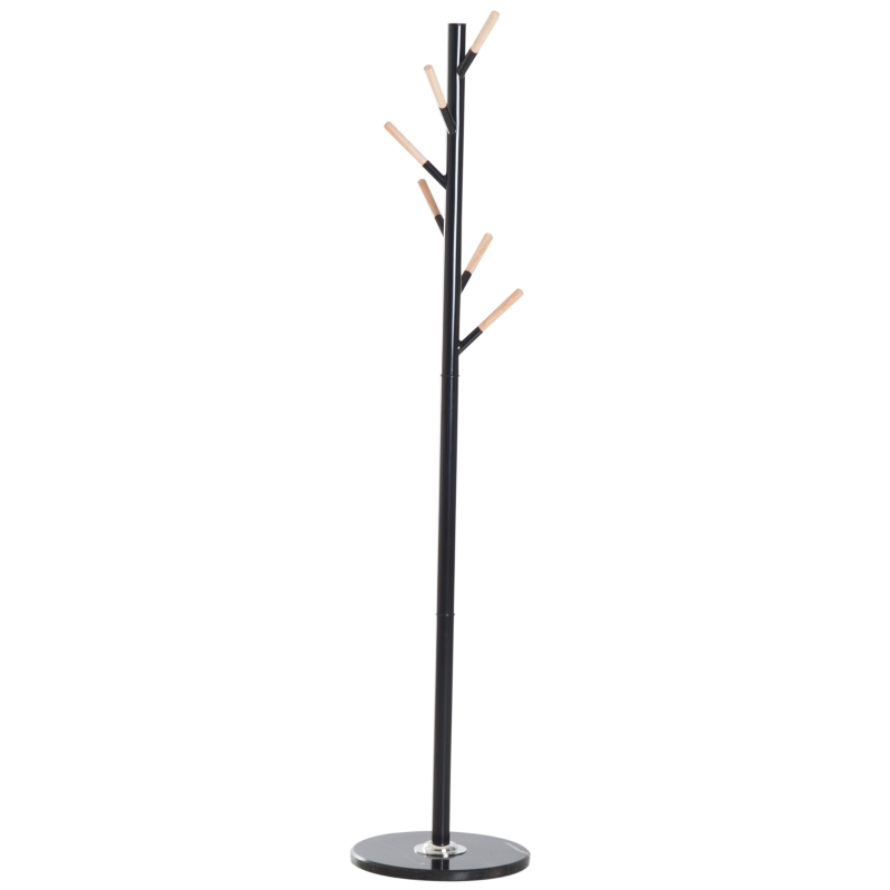 HOMCOM 69" Metal Freestanding Modern Tree Branch 6 Wooden Rack Coat Rack With Marble Base - Black