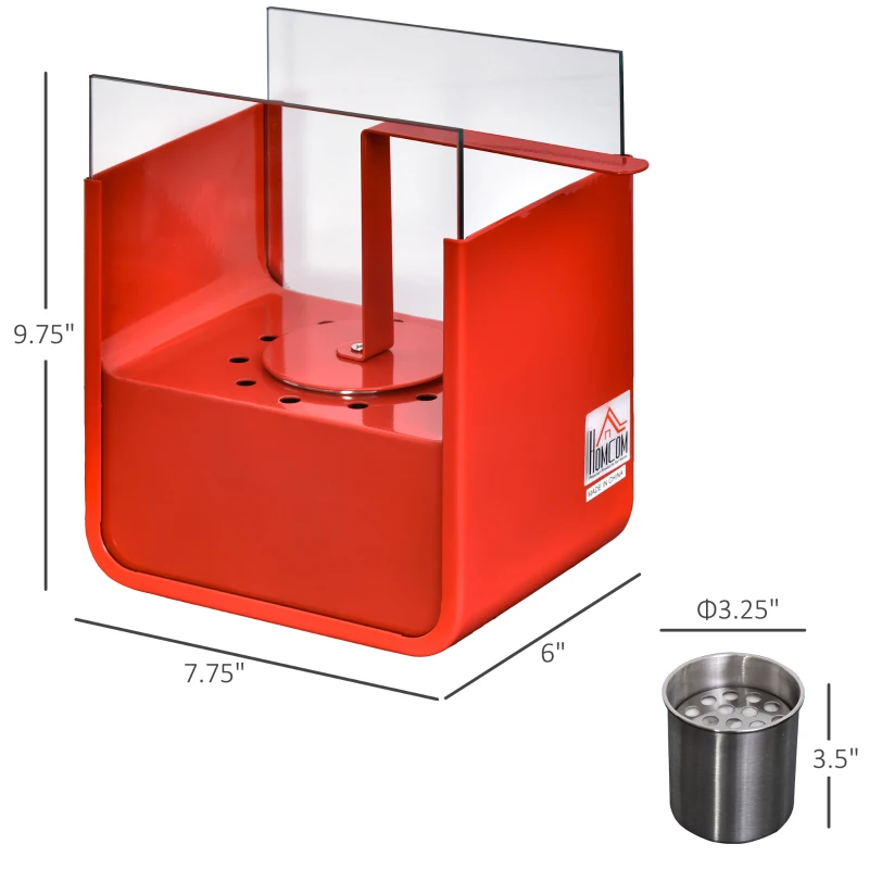 HOMCOM Ethanol Fireplace, 7.75" Tabletop 0.10 Gal, Stainless Steel, Burns up to 2 Hours, Red