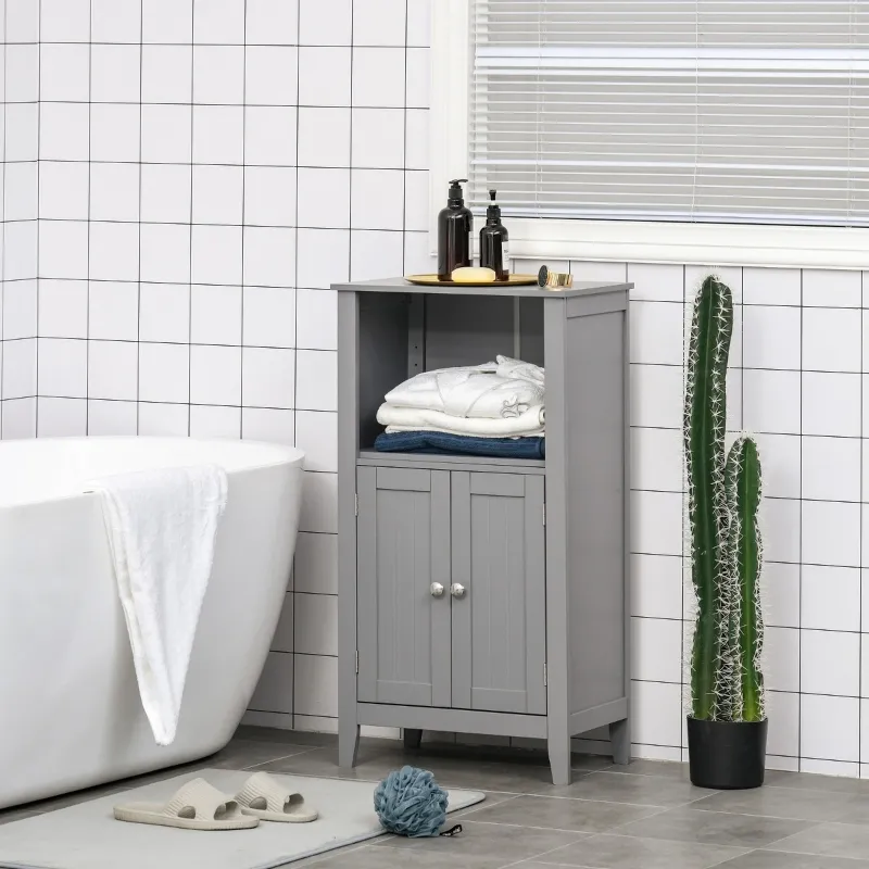 kleankin Bathroom Floor Cabinet, Freestanding Bathroom Storage Cabinet with 2 Open Shelves, Double Doors and 2 Adjustable Shelves, Small Cabinet for Bathroom, Washroom, Gray