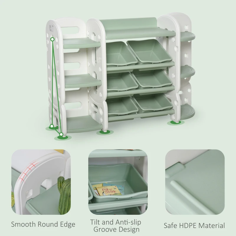 Qaba Kids Toy Storage Organizer with Detaching Sections for Corner Storage, Lightweight Toy Shelf for Kids with Large Capacity, Bin Storage Shelf, Green
