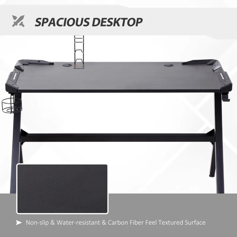HOMCOM 47.25" Gaming Desk Racing Style Computer Table with LED Light Cup Gamepad Holder Headphone Hook Cable Management E-sport Study Workstation, Black