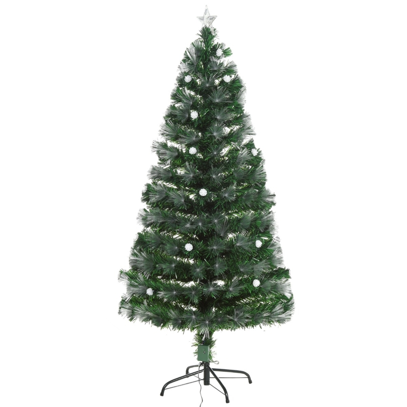 HOMCOM 5ft Tall Artificial Tree White Fiber Optic LED Pre-Lit Holiday Home Christmas Decoration with Light Ball - Green