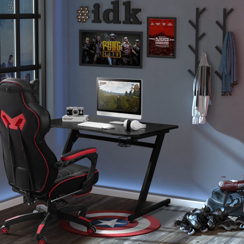 HOMCOM 47.25" Gaming Desk Computer Home Office Gamer Table Z Shape Workstation with Cup Holder, Headphone Hook, Cable Management, Black