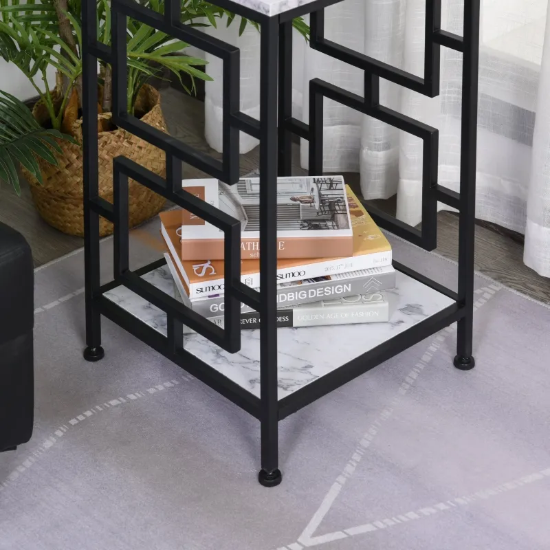 HOMCOM Modern End Table, Nightstand with Marble Textured Top, Sofa Side Table with Metal Frame for Living Room, Black