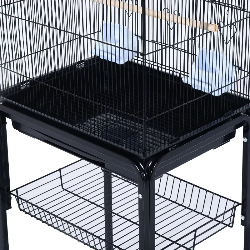 PawHut 60" Metal Indoor Bird Cage Starter Kit with Detachable Rolling Stand, Storage Basket, and Accessories, Black