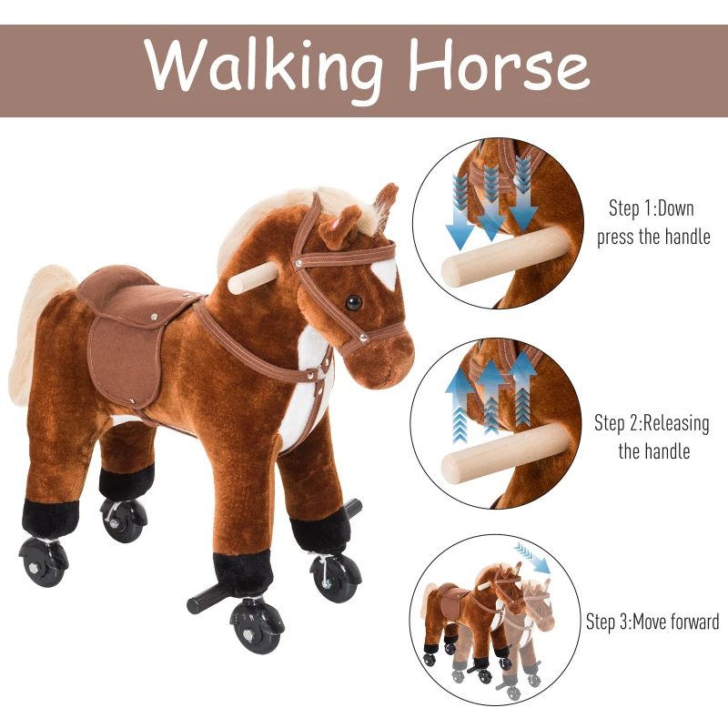 Qaba Kids Walking Pony Ride on Horse Rocking Toy Wheels & Footrest Neigh Sound, Brown