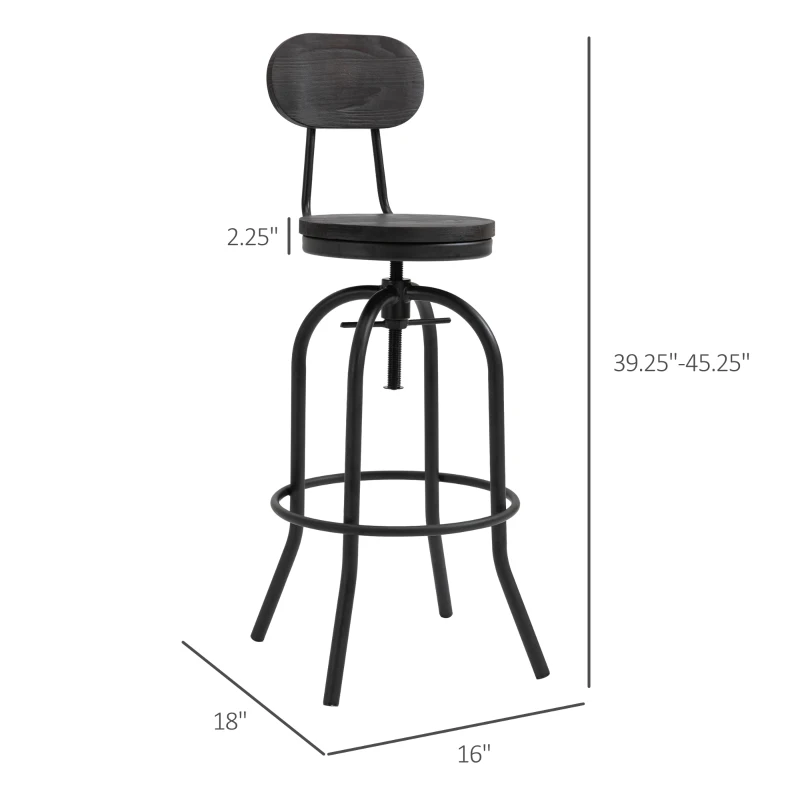 HOMCOM Set of 2 Swivel Mid-Back Barstools, Industrial Style Kitchen Stool Wooden Seat Armless with Adjustable Height ,Steel Frame