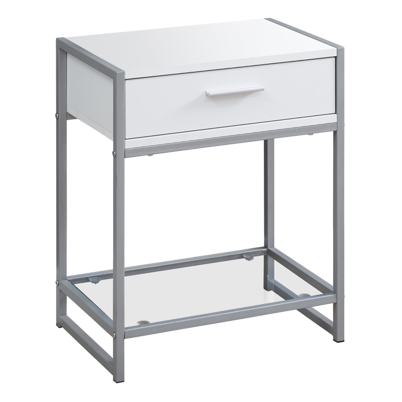 Monarch 22" Modern Compact End Table Night Stand with Storage Drawer, Metal Base and Clear Tempered Glass Bottom Shelf - White / Silver Metal Base
