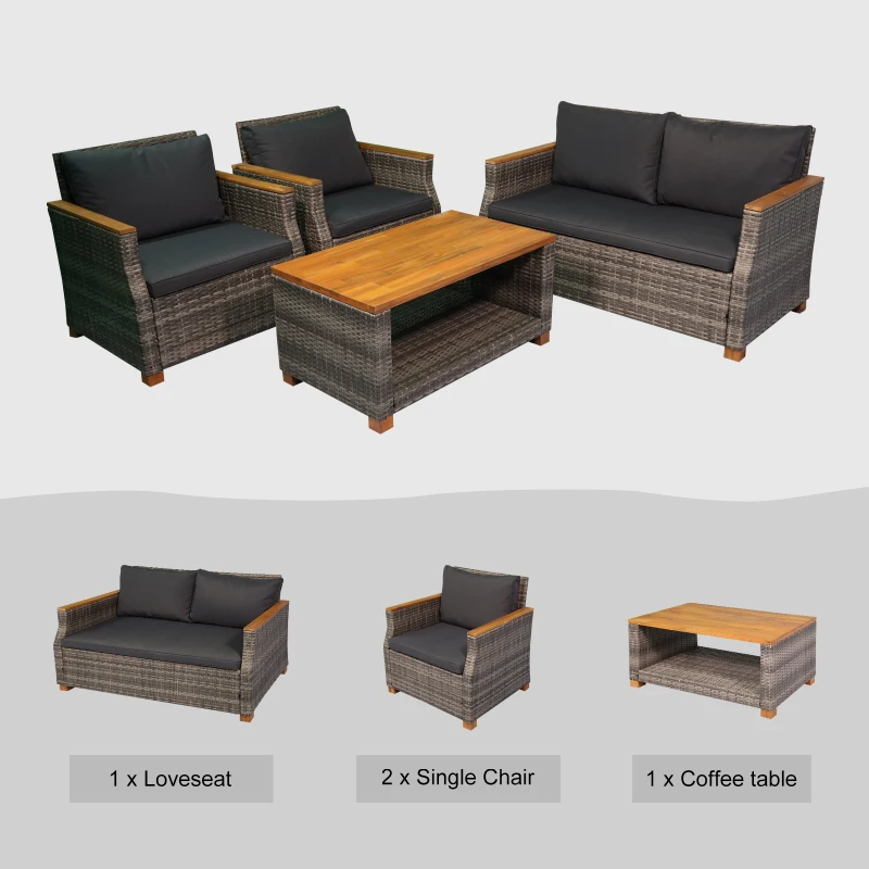 Outsunny 4 Piece Patio PE Rattan Wicker Sofa Set with Acacia Wood Coffee Table, 2 Comfort Single Chairs & 2 Person Couch