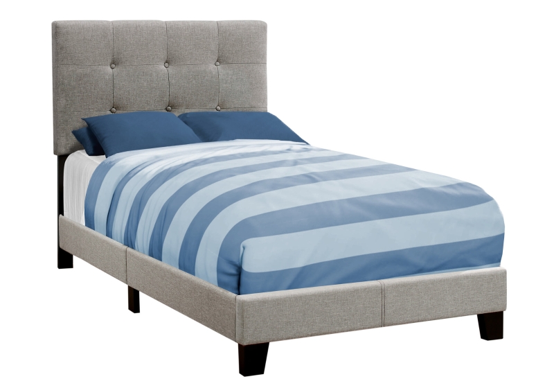 Monarch Twin Size Contemporary Upholstered Bed Frame with Tufted Headboard and Wood Legs - Grey Linen Look