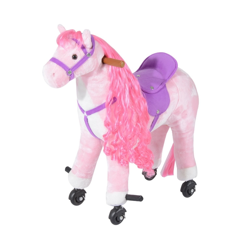 Qaba Kids Plush Mechanical Walking Ride On Horse Toy with Wheels - Pink