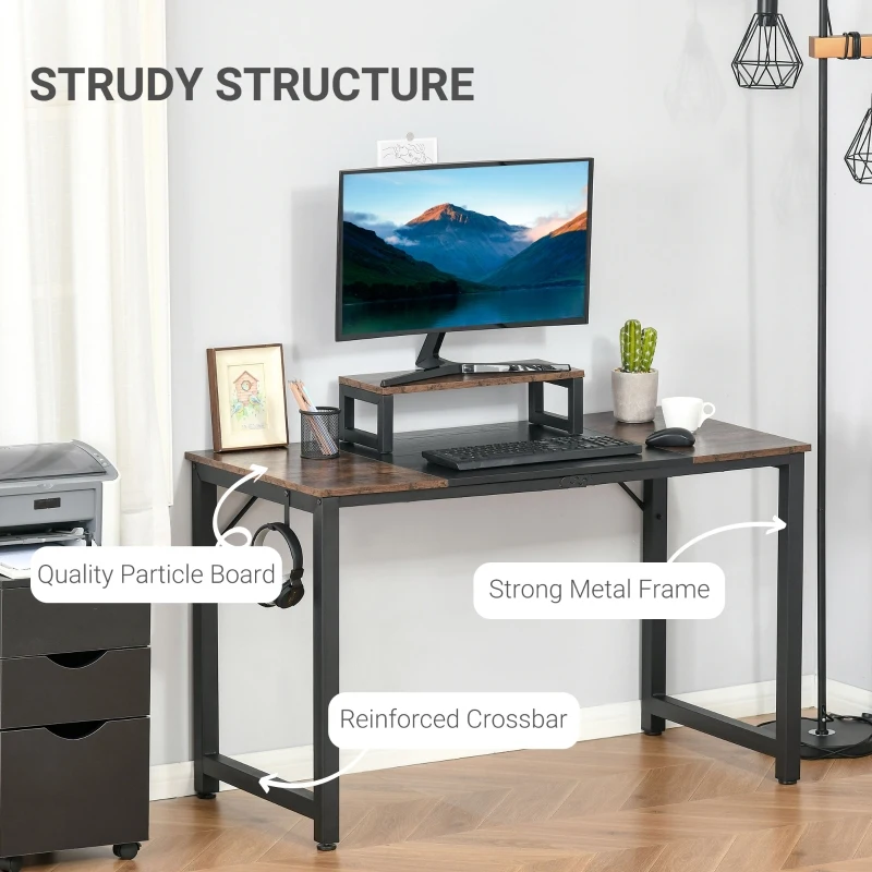 HOMCOM Industrial Style Computer Desk, Home Office Writing Desk, PC Laptop Workstation with Raised Monitor Stand, Side Hook, Adjutable Feet, Rustic Brown and Black