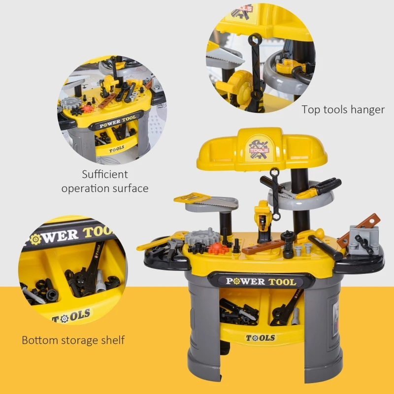 Qaba Play Toy Workbench for Kids 64 Pieces Tools Plus Case Storage Shelf  Construction Tool Accessories Playset Construction Pretend Play Toy Kit Yellow Grey