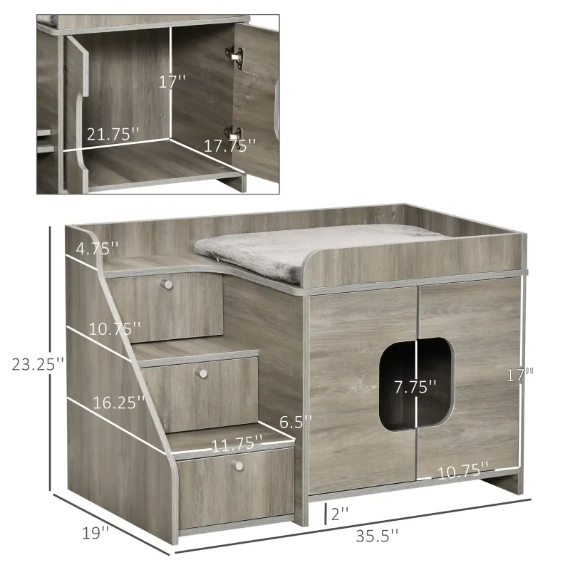 PawHut Hidden Litter Box Furniture Cat Washroom Decorative Kitten House Nightstand End Table Indoor with Multipurpose Ladder Cushion Oak