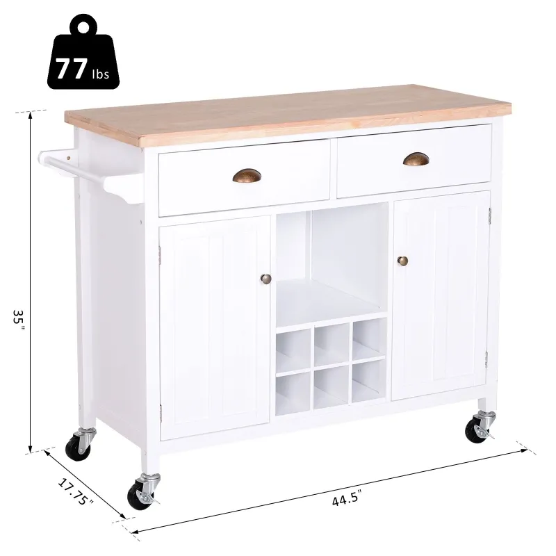 HOMCOM Kitchen Island Utility Cart on Wheels with Large Counter, 2 Spacious Drawers & Storage Cabinets, & Wine Storage