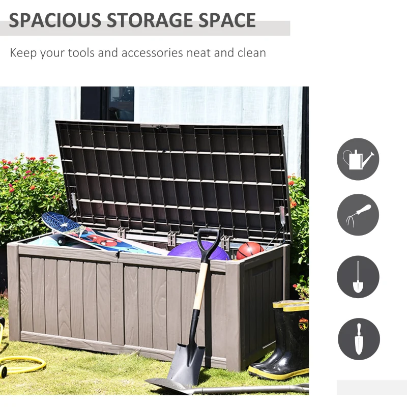 Outsunny Plastic Deck Storage Container Box Outdoor Garden Bench Patio Furniture 77 Gal with Handles, Padlock Eyes, 56" x 26" x 24"