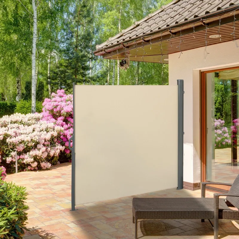 Outsunny 10' Retractable Folding Patio Privacy Side Awning with 50+ UV Protection, 2 Wall Brackets, & Polyester, White