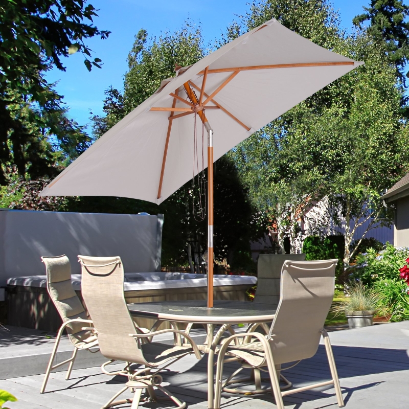 Outsunny 6.6x5ft Fir Wooden Patio Umbrella Squre Market Parasol Tilt Mechanism 6 Ribs Garden Sunshade, Grey