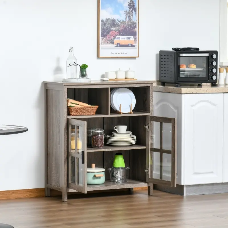 HOMCOM Accent Sideboard, Serving Storage Buffet Cabinet with 2 Open Components, Glass Door Coffee Bar Cabinet and Adjustable Shelf, Oak