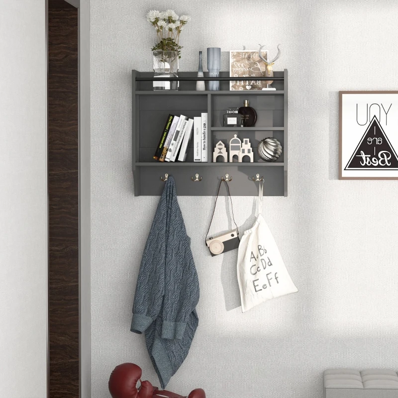 HOMCOM Wall-Mounted Floating Storage Shelf with 4 Storage Units and 4 Dual Hooks, Grey