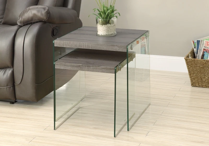 Monarch 2-Piece Contemporary Wood Grain-Look Top Tempered Glass Legs Nesting Accent Side Table Set - Dark Taupe Finish