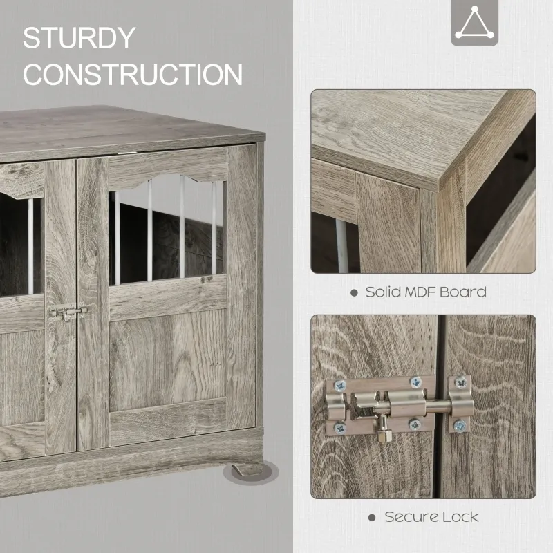 PawHut 29.5" Wooden Dog Cage with Windows, End Table Furniture Style, Modern Pet Kennel with Lockable Doors Elevated Base for Small and Medium-sized Dogs, Grey