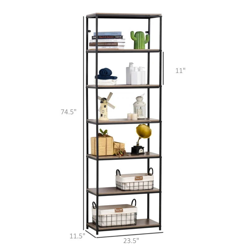 HOMCOM Modern 7 Tier Bookshelf Bookcase Utility Storage Shelf Organizer for Home Office with Display Rack Metal Frame, Grey Oak
