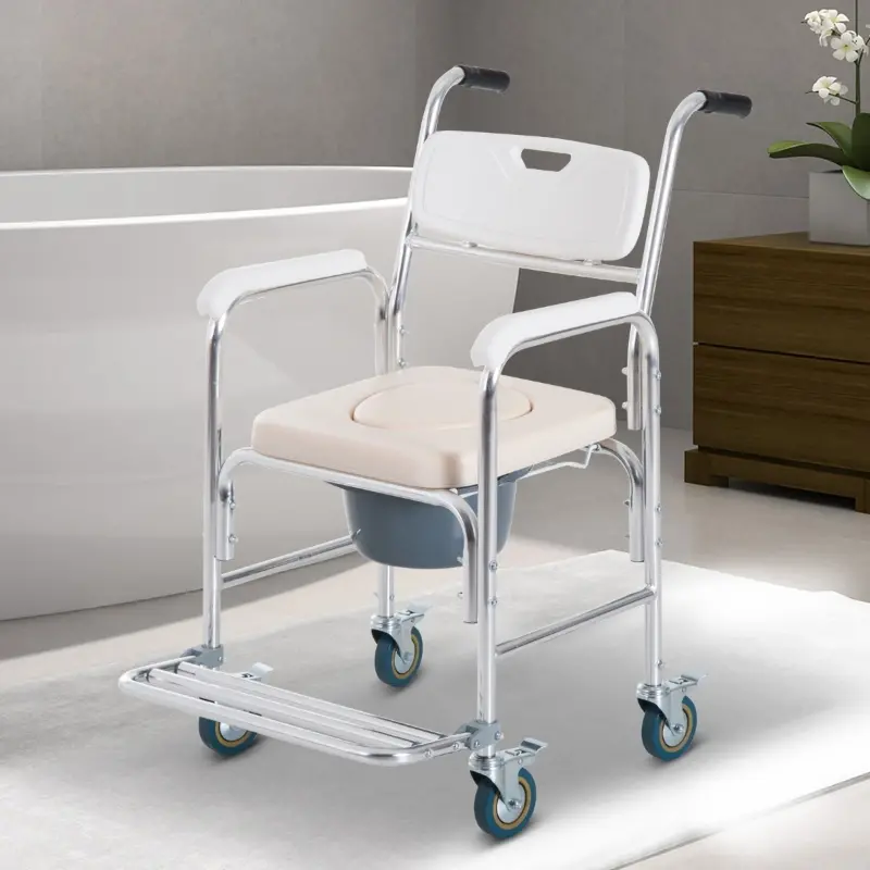 HOMCOM Personal Mobility Durable Waterproof Shower Accessible Transport Commode Medical Rolling Chair
