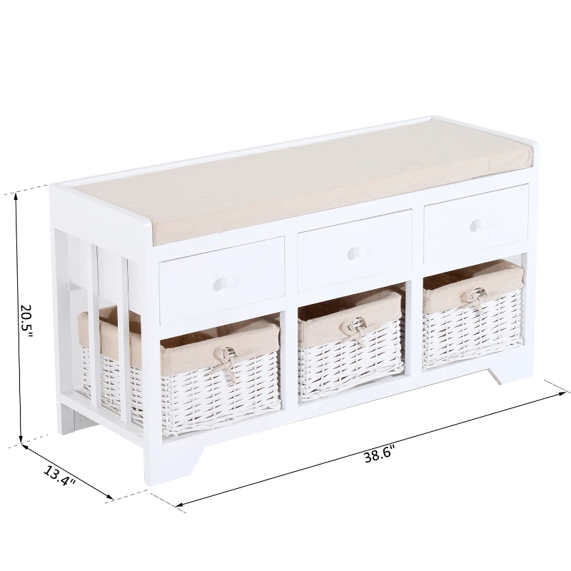 HOMCOM 3-Cube Wood Storage Bench w/ Cushion Entryway Organizer Seat with Wicker Basket and Drawer White