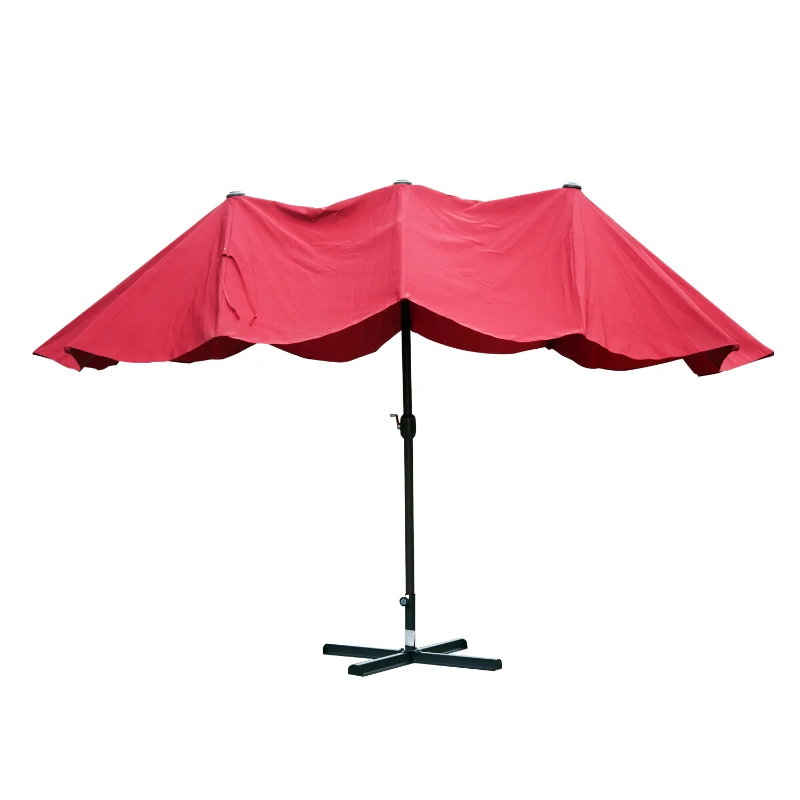 Outsunny 15ft Outdoor Twin Patio Umbrella Garden Double-Sided Market Parasol Sun Shelter with Crank Wine Red