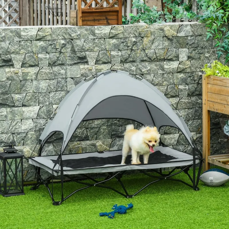 PawHut 46" Elevated Ventilated Cooling Pet Dog Bed w/ Canopy Shade Cover, Travel Bag, Silver