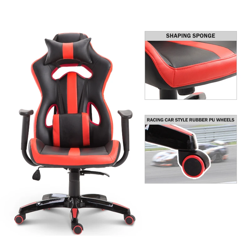 HOMCOM High Back Gaming Chair Bucket Seat with Pillow and Build-in Lumbar Racing Style Adjustable Swivel Recliner Home Red