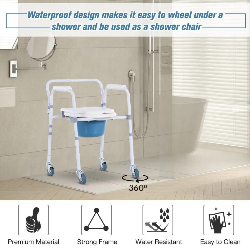 HOMCOM Personal Mobility Assist Bedside Commode Toilet Chair with 6-Level Adjustable Height & Shower Accessibility