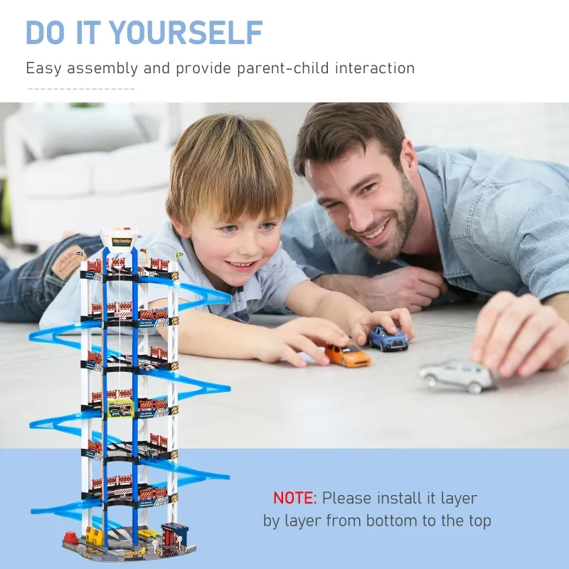 Qaba 7-Level Car Parking Garage Toy Dual Race Tracks Car Ramp Set Toddler Car Games w/ Electric Elevator Wash, Gas, Ejector & Car Repair Station Metal Cars for 3-6 Years Old