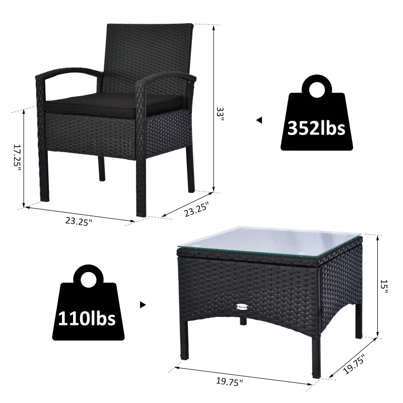 Outsunny 3 Pieces Wicker Patio Furniture Set, Rattan Bistro Set with Coffee Table and Cushions, Outdoor Conversation Set for Garden, Porch, Balcony, Black