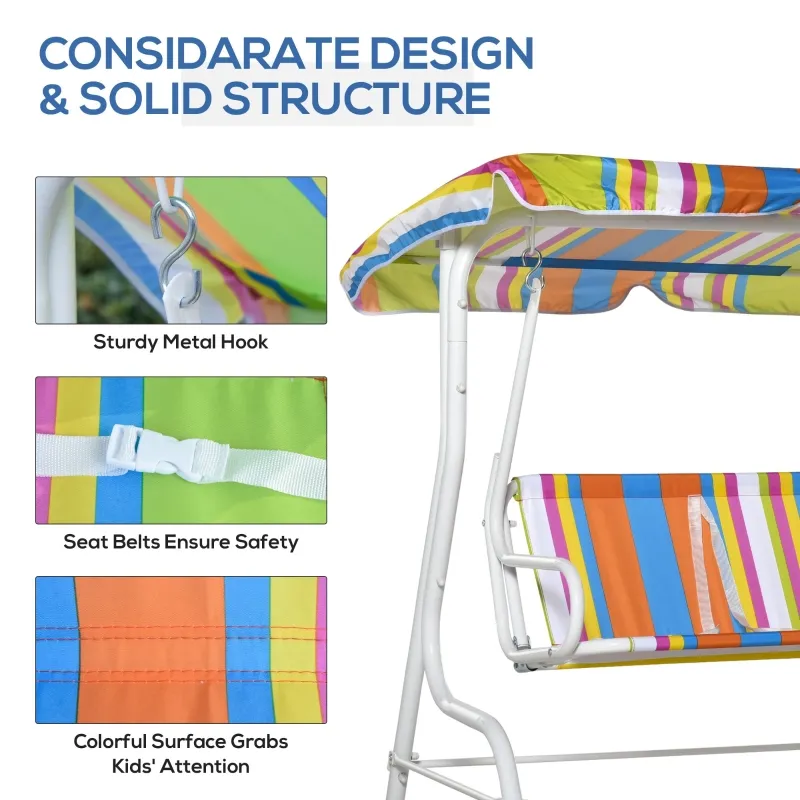 Outsunny Kids Porch Swing, Outdoor 2-Seat Children Patio Chair, Toddler Glider with Adjustable Canopy, Seat Belt for Garden Backyard Colorful Stripes