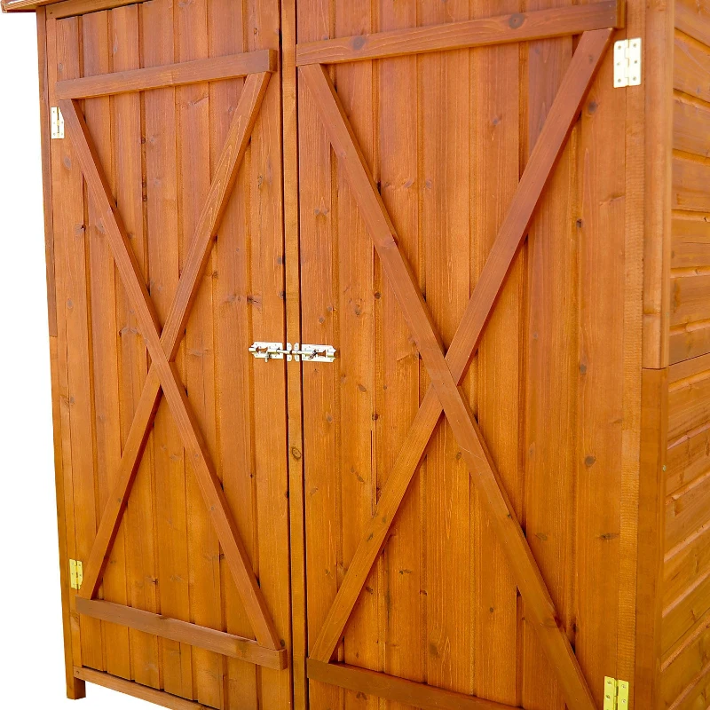 Outsunny 54.75''x29.5''x63'' Garden Storage Shed Asphalt Roof Wooden Timber Double Door Utility Storage House w/ Movable Shelf & Fixed Fittings, Natural