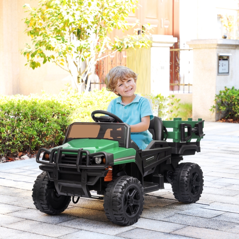 Aosom 12V Ride-on Truck Kids Car Pickup Toy with Parent Remote Control and Trailer, MP3/USB Input for Music, Green