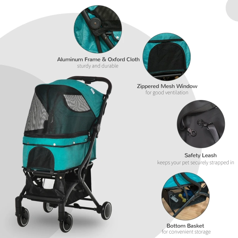 PawHut Travel Pet Stroller for Dogs, Cats, One-Click Fold Jogger Pushchair with Aluminum Frame, EVA Wheels, Brakes, Basket Storage, Safety Belts, Adjustable Canopy, Zippered Mesh Window Door, Blue
