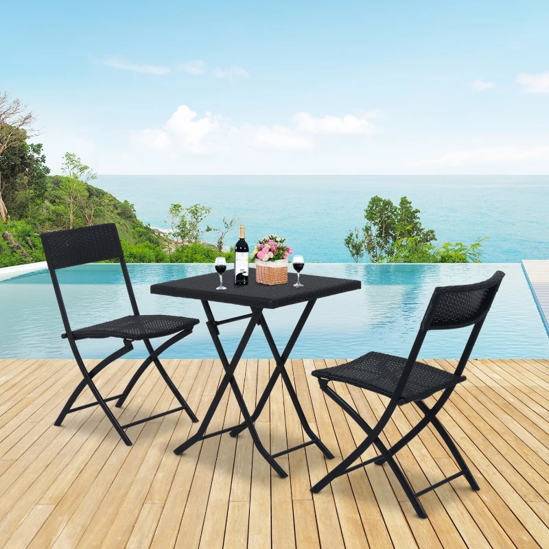 Outsunny 3pcs Rattan Coffee Set Folding Garden Bistro Wicker Chair and Table Outdoor Patio Furniture, Black