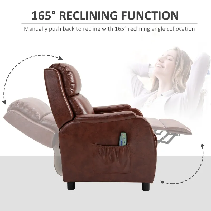 HOMCOM Massage Recliner Chair Padded Seat Cushion 165° Reclining Sofa with Side Pocket for Living Room, PU Leather, Remote Control, Light Brown
