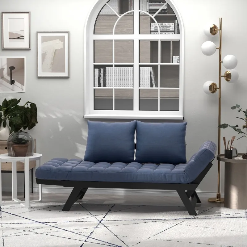 HOMCOM Single Person 3 Position Convertible Chaise Lounger Sofa Bed with 2 Large Pillows and Oak Frame, Dark Blue
