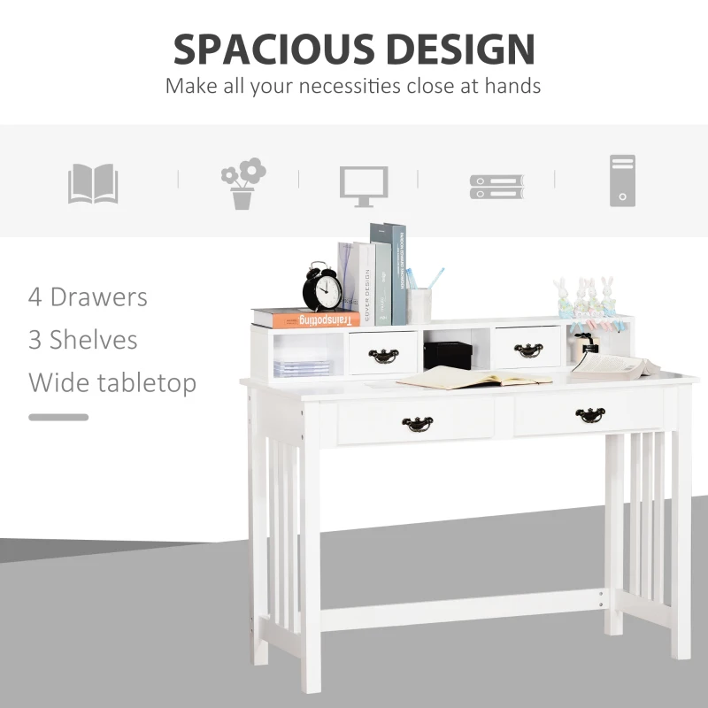 HOMCOM Study Writing Desk  Computer Table Workstation with Removable Shelf  4 Drawers  Wide Tabletop for Study  Office  Dorm  White