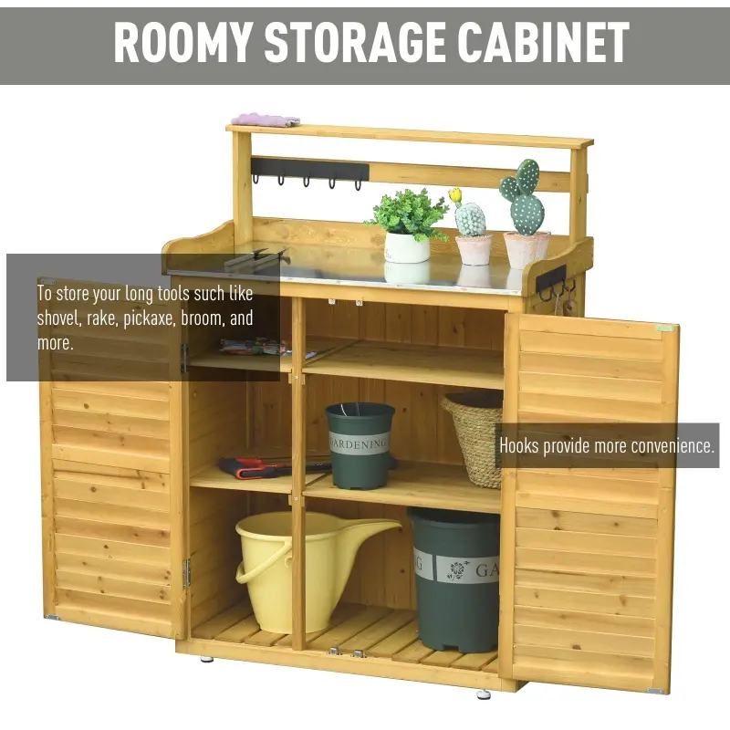 Outsunny Backyard Garden Tool Storage Shed, Outdoor Storage & Potting Bench with 2 Magnetic Close Doors & Large Interior Storage Space