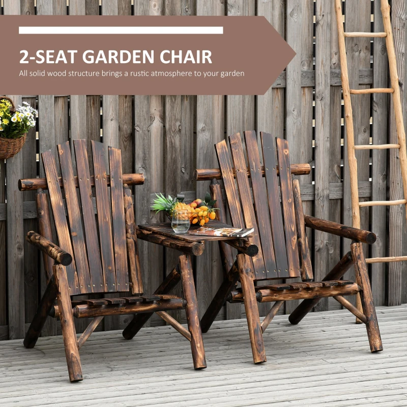 Outsunny Patio Wooden Double Adirondack Chair with Coffee Table Garden Loveseat Bench Vintage Carbonized Color
